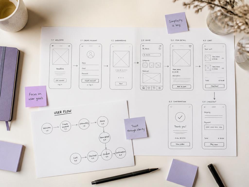 Ръчно скицирани UX wireframe екрани и потребителски поток