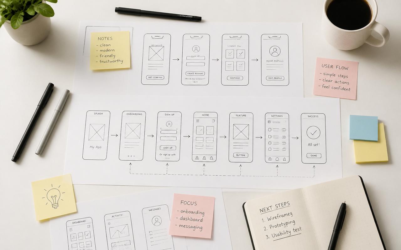 Ръчно скицирани wireframe екрани и потребителски поток